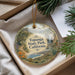 A decorative ornament with a scenic landscape of Topanga State Park, California, featuring a winding path, mountains, and a waterfall.