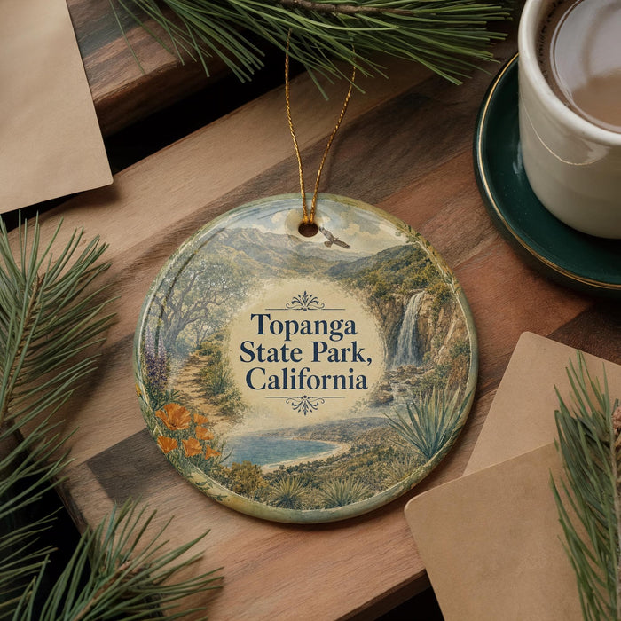 A decorative ornament with a scenic landscape of Topanga State Park, California, featuring a waterfall and desert scenery.