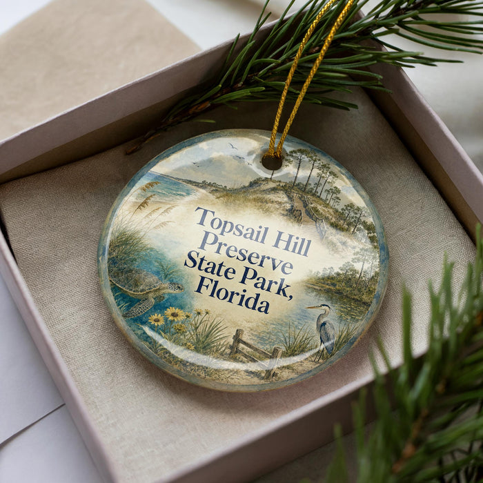 A round ornament with a scenic image of a beach and a bird, placed in a box with pine branches.