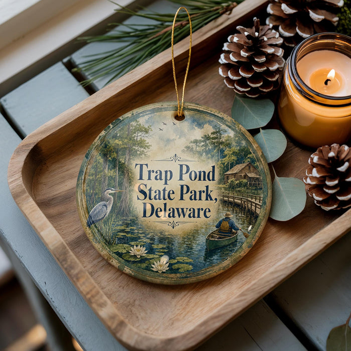 A decorative ornament with a scenic image of a pond and surrounding nature, featuring a bird and a boat, is displayed on a wooden tray alongside pine cones and a lit candle.