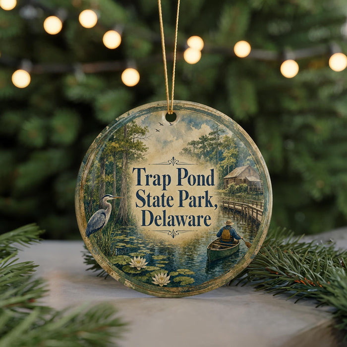 A round ornament with a painting of a bird, a boat, and a pond, along with the text "Trap Pond State Park, Delaware".