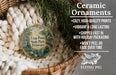Ceramic ornaments, specifically a "Trap Pond State Park, Delaware" ornament, are displayed in a wicker basket. The ornament features a serene scene of a pond with a bird and a boat. The text highlights the ornament's features, such as being cozy, high-quality, vibrant, and long-lasting, and mentions that it is shipped fast in holiday packaging, won't peel or fade over time, and is available in a 2.8-inch size.