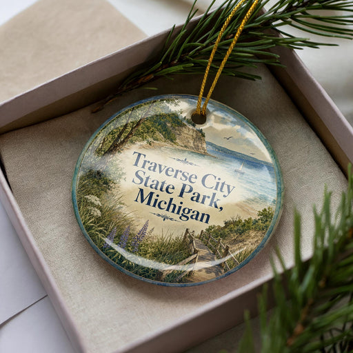 A decorative ornament with a scenic image of Traverse City State Park, Michigan, displayed in a box with pine branches.