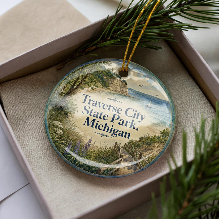 A decorative ornament with a scenic image of Traverse City State Park, Michigan, displayed in a box with pine branches.