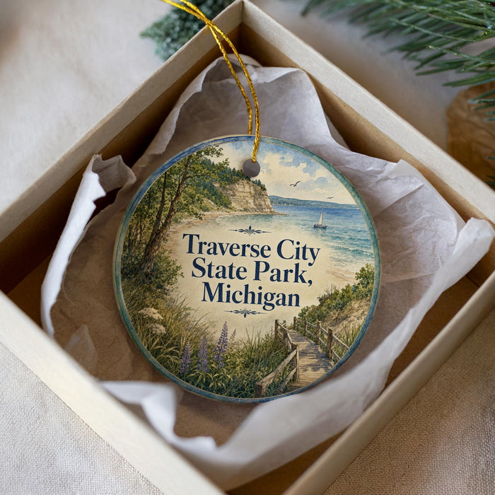 A round ornament with a scenic image of Traverse City, Michigan, featuring a beach, a boat, and a path leading to a cliff overlooking the water.