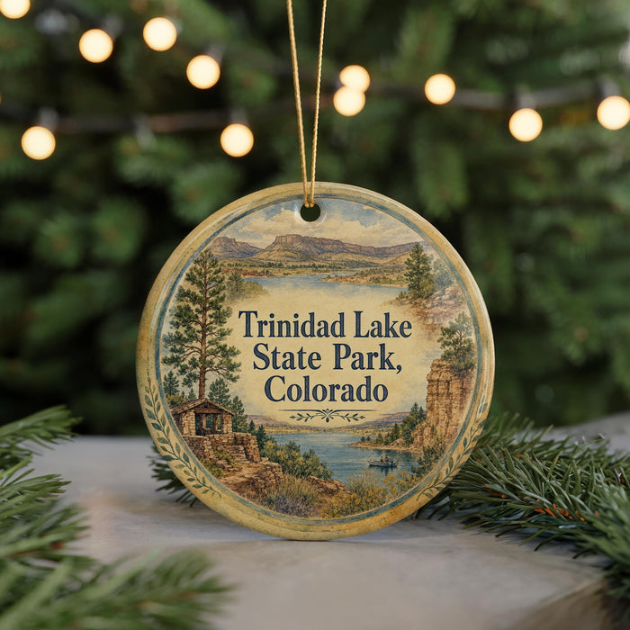 A round ornament with a scenic landscape of mountains, trees, and a lake, featuring the text "Trinidad Lake State Park, Colorado" on it.