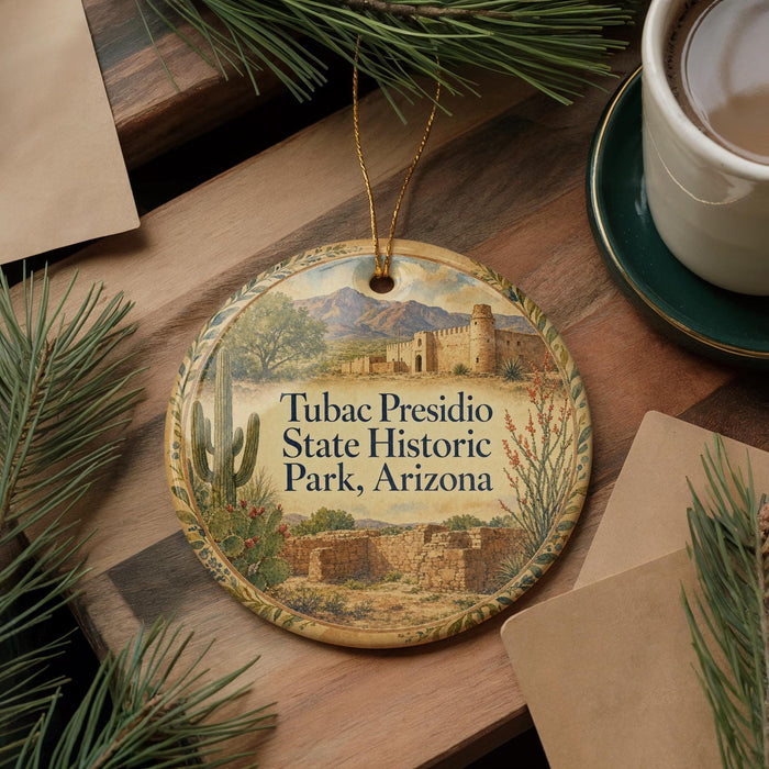 A round ornament with a desert landscape and a castle, featuring the text "Tubac Presidio State Historic Park, Arizona" on it, is displayed on a wooden surface alongside a cup of coffee and some pine branches.