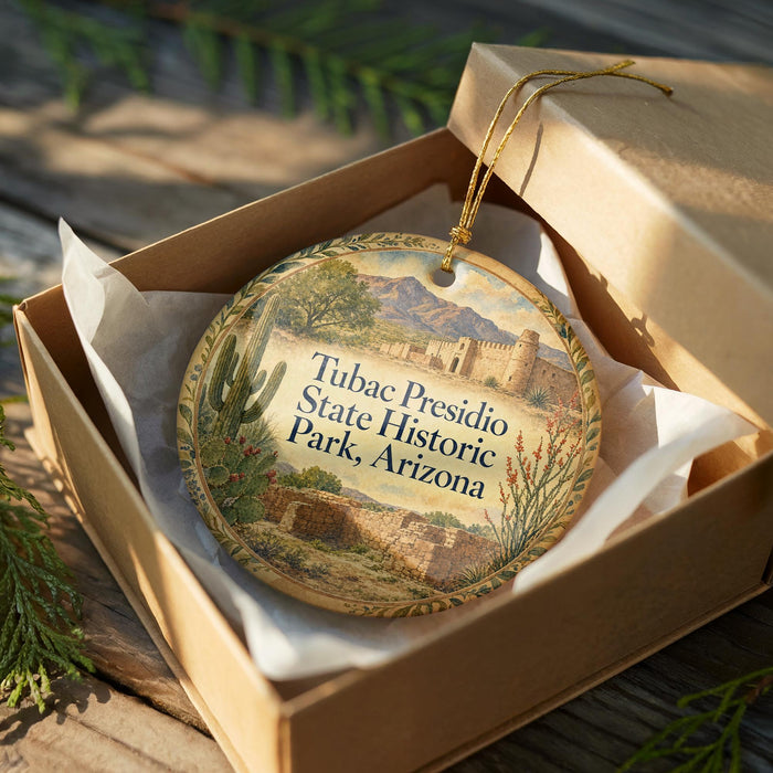A decorative ornament in a wooden box, featuring a desert landscape with a castle in the background.