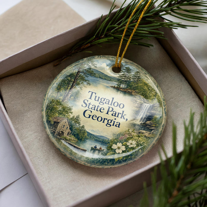 A decorative ornament in a box, featuring a scenic landscape with a waterfall and pine trees.