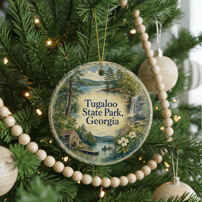 A round ornament hanging on a Christmas tree, featuring a scenic landscape with a lake, waterfall, and houses.