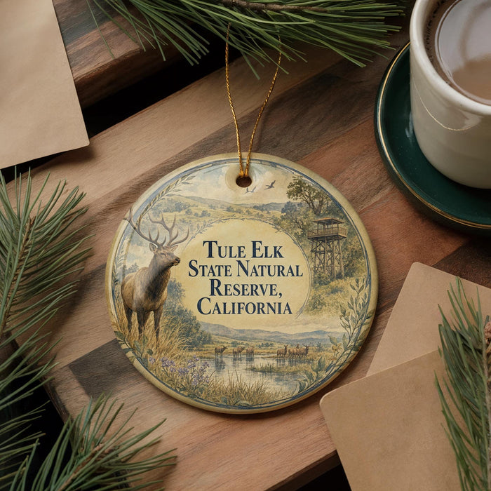 A decorative ornament featuring a deer and the text "Tule Elk State Natural Reserve, California" is displayed on a wooden surface, accompanied by pine branches and a cup of coffee.
