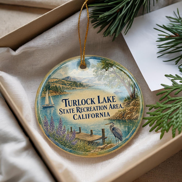 A decorative ornament with a scenic lake and mountains in the background, featuring a sailboat and a bird, is displayed in a box with pine branches.