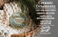 Ceramic ornaments, specifically "Turlock Lake State Recreation Area California" ornaments, are displayed in a woven basket. The text highlights the ornaments as "cozy, high-quality prints, vibrant and long lasting, shipped fast in with holiday packaging, won't peel or fade over time".