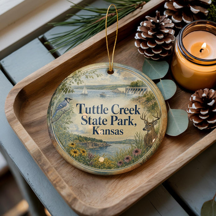 A decorative ornament with the text "Tuttles Creek State Park, Kansas" on it, surrounded by pine cones and a lit candle.