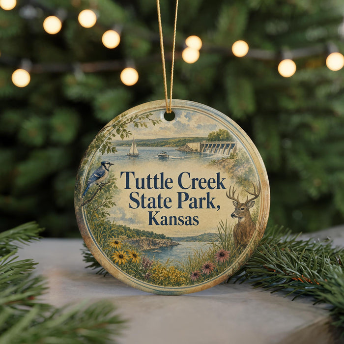 A round ornament with a scenic image of Tuttle Creek State Park, Kansas, featuring a bird, a deer, and a boat on the water.