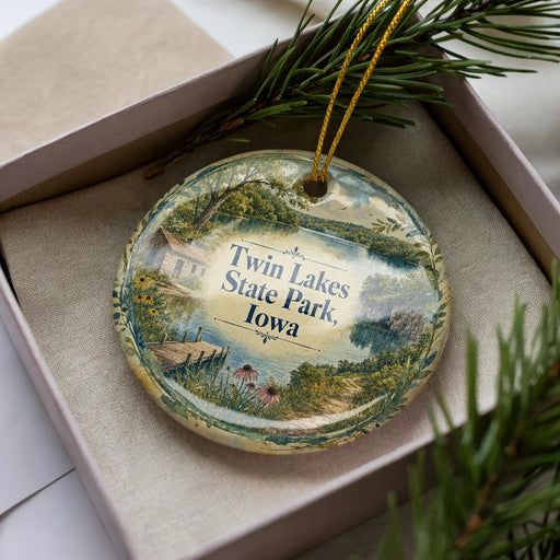 A decorative ornament in a box, featuring a scenic landscape with a lake, trees, and a house.