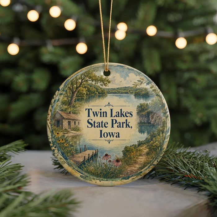 A decorative ornament featuring a scenic landscape of Twin Lakes State Park in Iowa, with a small cabin and a lake in the background.