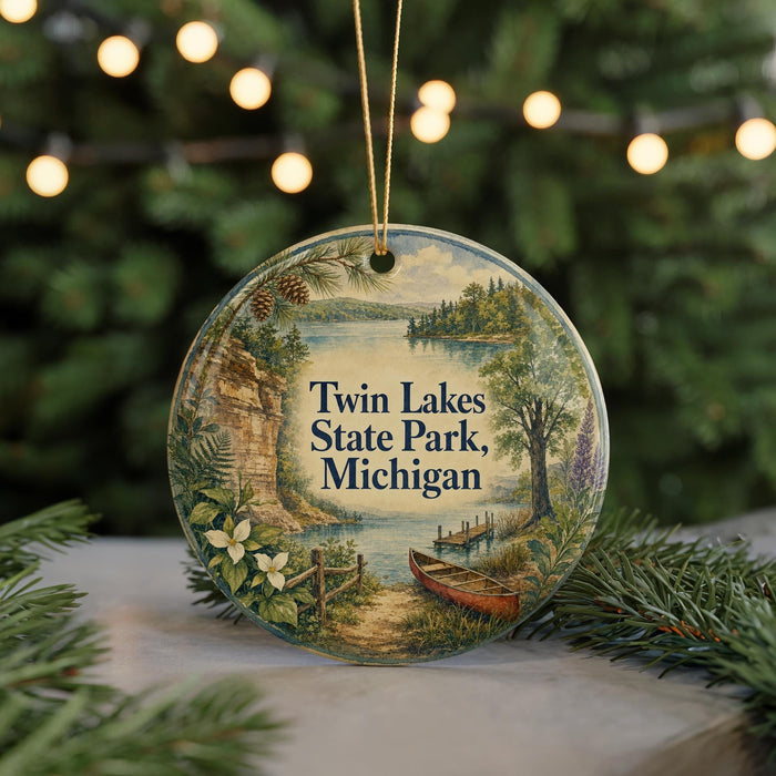 A round ornament with a scenic landscape of Twin Lakes State Park, Michigan, featuring a lake, forest, and boat on the water.