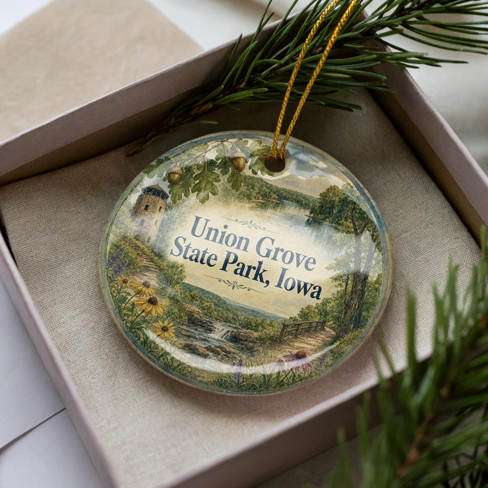 A decorative ornament in a box, featuring a scenic landscape with a castle, trees, and a waterfall.
