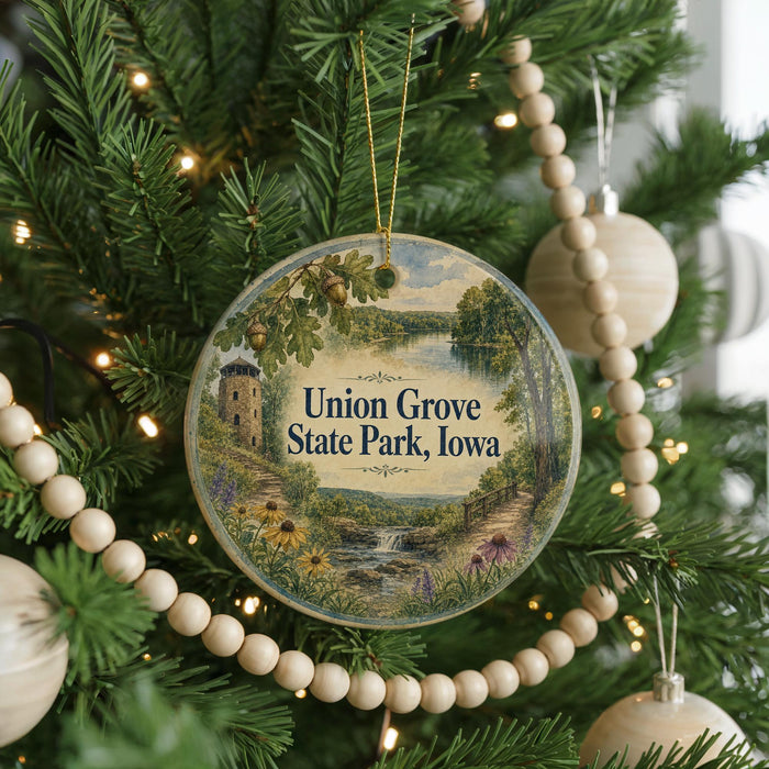 A round ornament hanging on a Christmas tree, featuring a scenic landscape with a castle, trees, and a river.