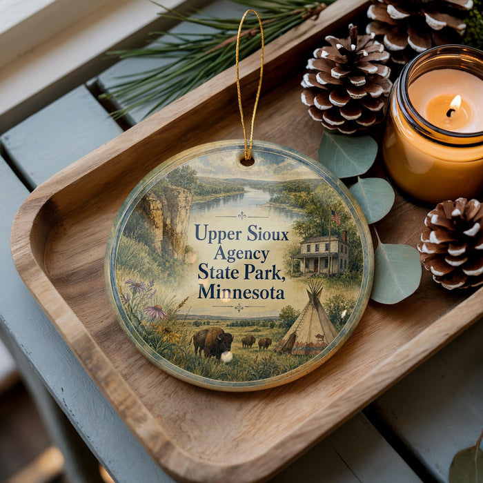 A wooden tray with a decorative ornament featuring a scenic landscape of Upper Sioux Agency Park, Minnesota, and pine cones.