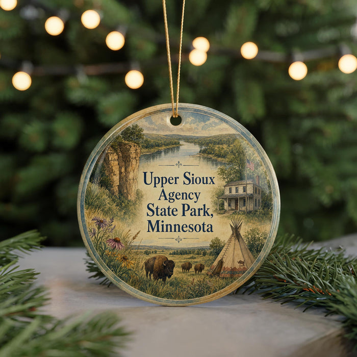 A round ornament with a scenic landscape of Upper Sioux Agency State Park, Minnesota, featuring a teepee, buffalo, and other natural elements.