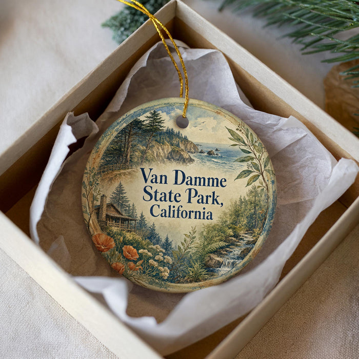A round ornament with a scenic landscape of Van Damme State Park, California, displayed in a box with a white tissue paper lining.