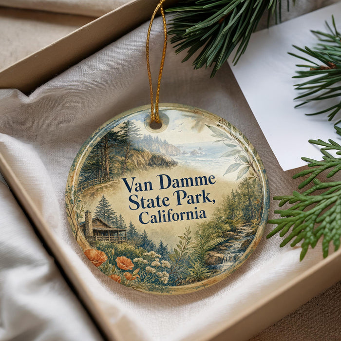 A decorative ornament with a scenic landscape of Van Damme State Park, California, featuring a cabin and pine trees.