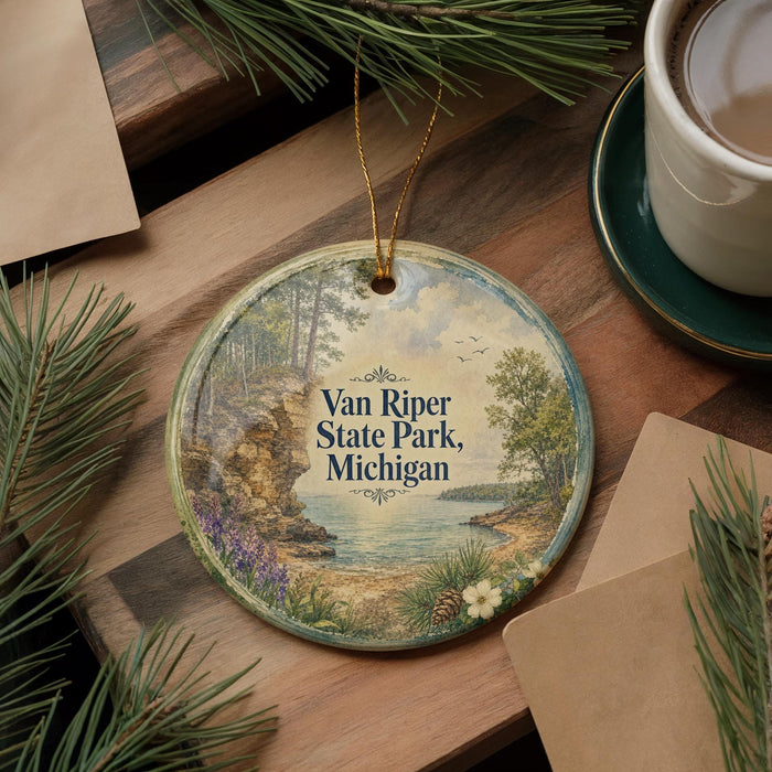 A round ornament with a scenic landscape of Van Riper State Park, Michigan, featuring pine trees, a lake, and a mountain.