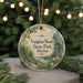 A round ornament with a scenic image of Vaughan Woods State Park, Maine, featuring a forest landscape with pine trees, a river, and a bridge.