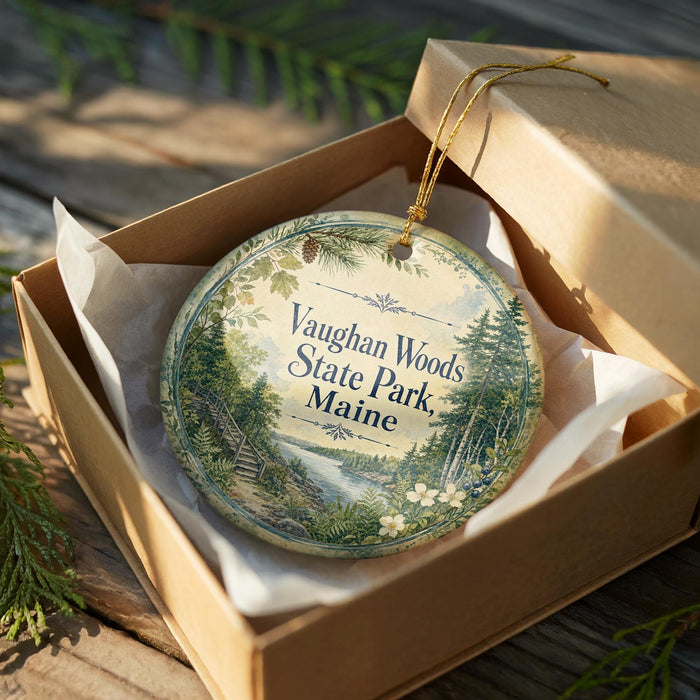 A decorative ornament in a wooden box, featuring a scenic landscape with pine trees and a winding path, with the text "Vaughan Woods State Park, Maine" printed on it.