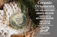 Ceramic ornaments, specifically a round ornament with a scenic design, are displayed in a basket with greenery. The ornament is described as cozy, high-quality prints, vibrant, and long lasting, and it is shipped fast in holiday packaging. The ornament is not peeling or fading over time.