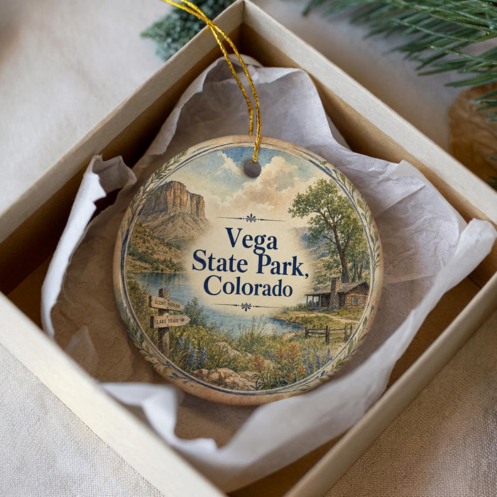 A decorative ornament in a box, featuring a scenic landscape with mountains, a lake, and a signpost, with the text "Vega State Park, Colorado" prominently displayed.