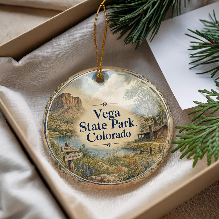A decorative ornament with a scenic landscape of a mountain, river, and cabin, featuring the text "Vega State Park, Colorado" on it.