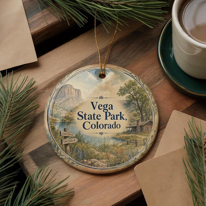 A decorative ornament featuring a scenic landscape of Vega State Park, Colorado, with a mountain, lake, and forest in the background.