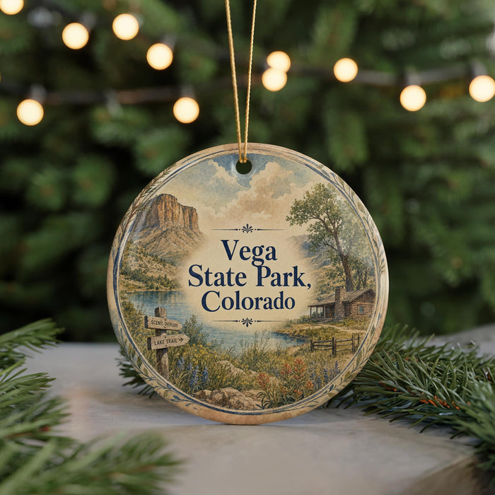 A round ornament with a scenic landscape of a mountain, river, and cabin, surrounded by greenery and twinkling lights.