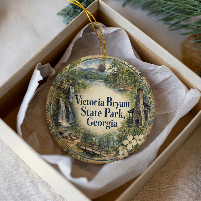 A decorative ornament in a box, featuring a scenic image of Victoria Falls and State Park, Georgia.