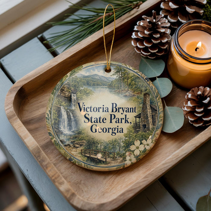 A decorative ornament featuring a scenic image of Victoria Falls and State Park in Georgia, placed on a wooden tray alongside pine cones and a lit candle.