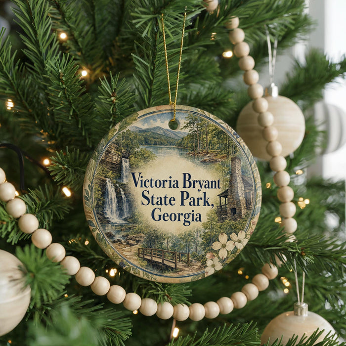 A round ornament hanging on a Christmas tree, featuring a scenic image of Victoria Bryant State Park in Georgia.