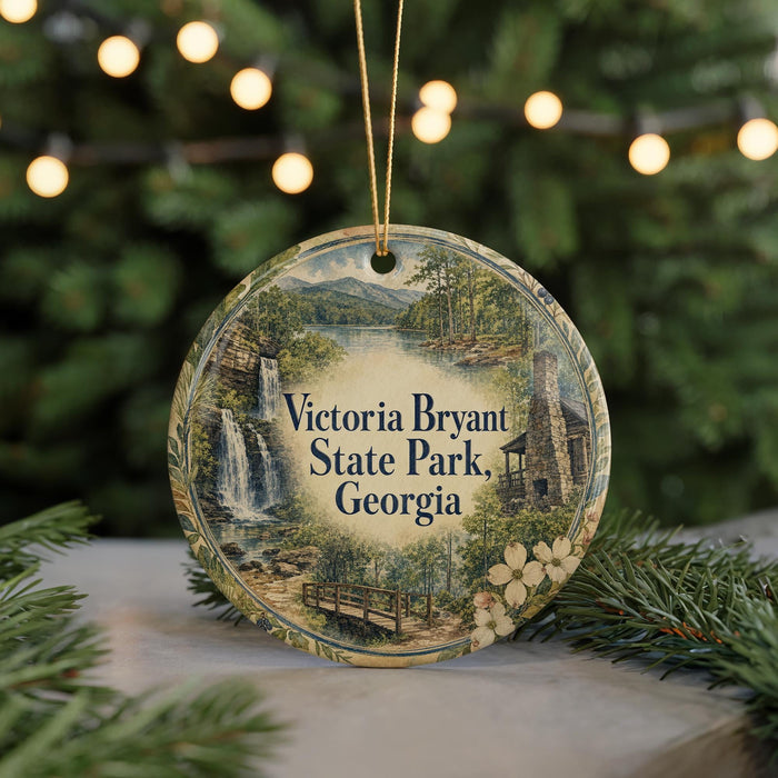 A round ornament with a scenic image of Victoria Falls and Victoria State Park in Georgia, surrounded by greenery and twinkling lights.
