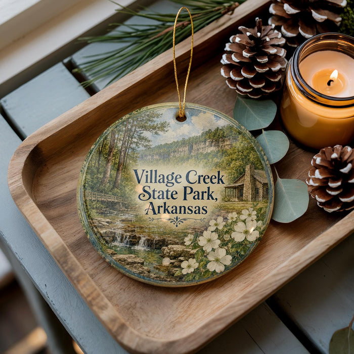 A wooden tray with a decorative ornament featuring a scenic landscape of Village Creek State Park, Arkansas, and pine cones.