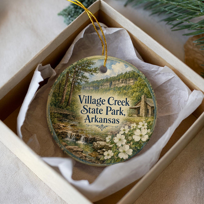 A decorative ornament in a box, featuring a scenic image of Village Creek State Park in Arkansas.