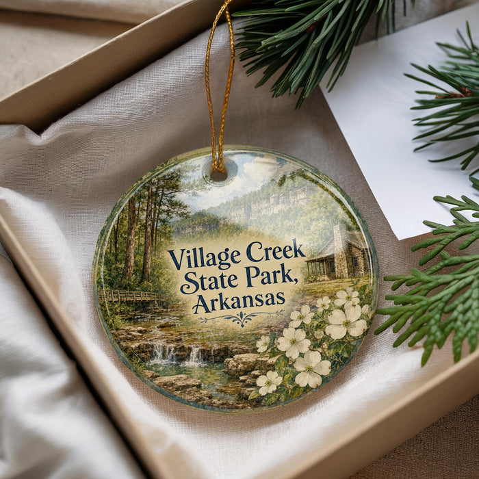A decorative ornament with a scenic image of Village Creek State Park, Arkansas, hanging from a string.