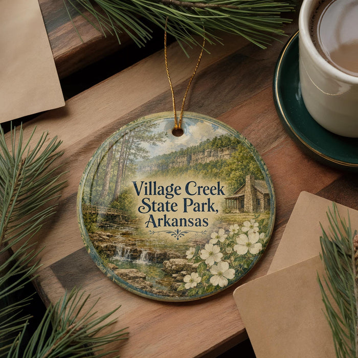 A decorative ornament featuring a scenic landscape of Village Creek State Park, Arkansas, with a small cabin and waterfall. The ornament is hanging on a wooden surface, surrounded by pine branches and a cup of coffee.
