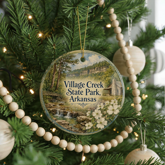A round ornament hanging on a Christmas tree, featuring a scenic image of a park with a waterfall and flowers.