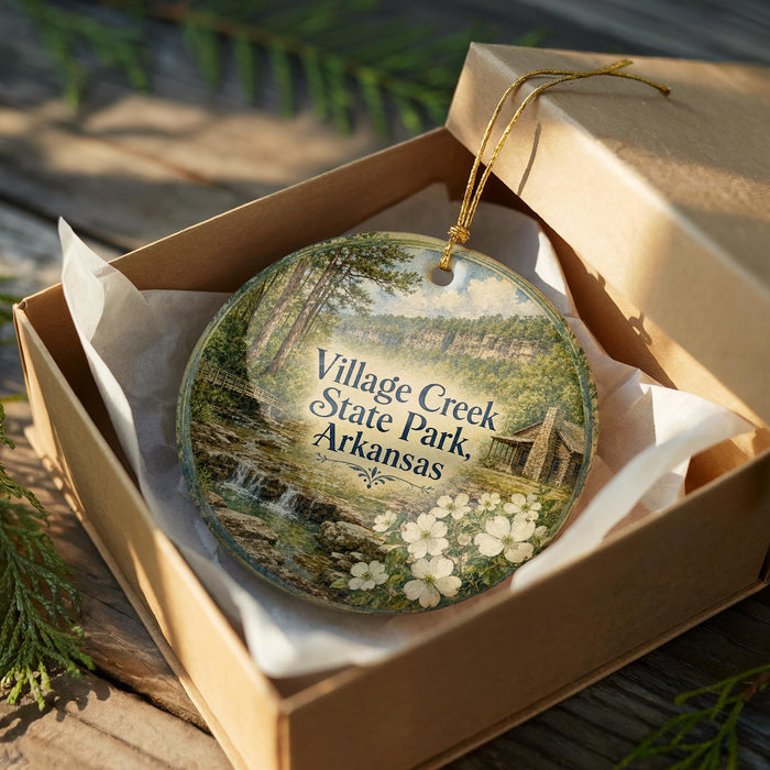 A decorative ornament in a box, featuring a scenic landscape of a river and trees, with the text "Village Creek State Park, Arkansas" printed on it.