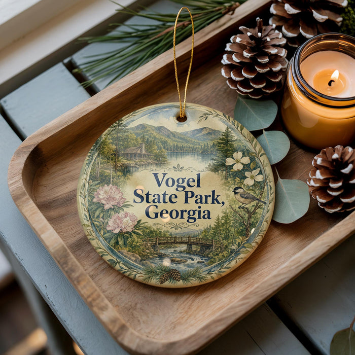 A decorative ornament featuring a scenic landscape of Vogel State Park, Georgia, with pine cones, a candle, and greenery surrounding it.