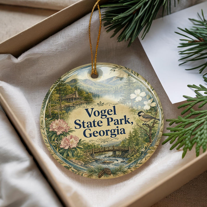 A decorative ornament with a scenic landscape of Vogel State Park, Georgia, featuring a bird, pine trees, and a bridge.