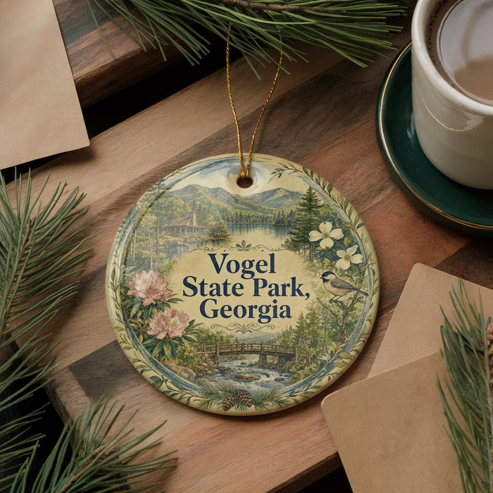 A decorative ornament with a scenic image of Vogel State Park, Georgia, featuring a river, mountains, and pine trees.