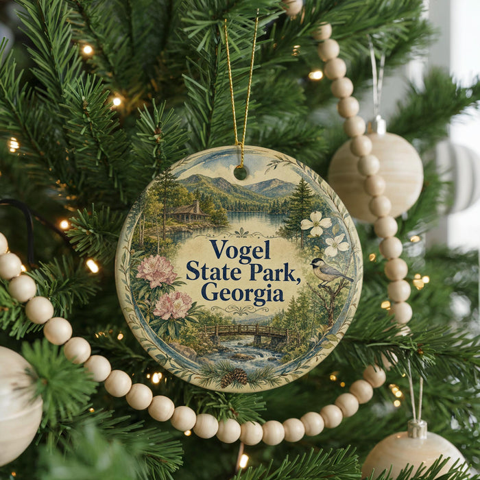 A round ornament on a Christmas tree, featuring a scenic landscape with mountains, pine trees, and a bird, along with the text "Vogel State Park, Georgia".